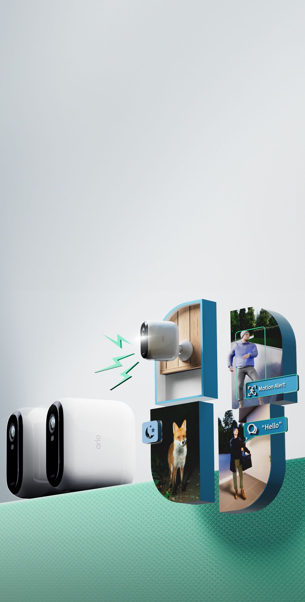 3D graphic of loud siren, motion alert, night vision and real-time talk features.