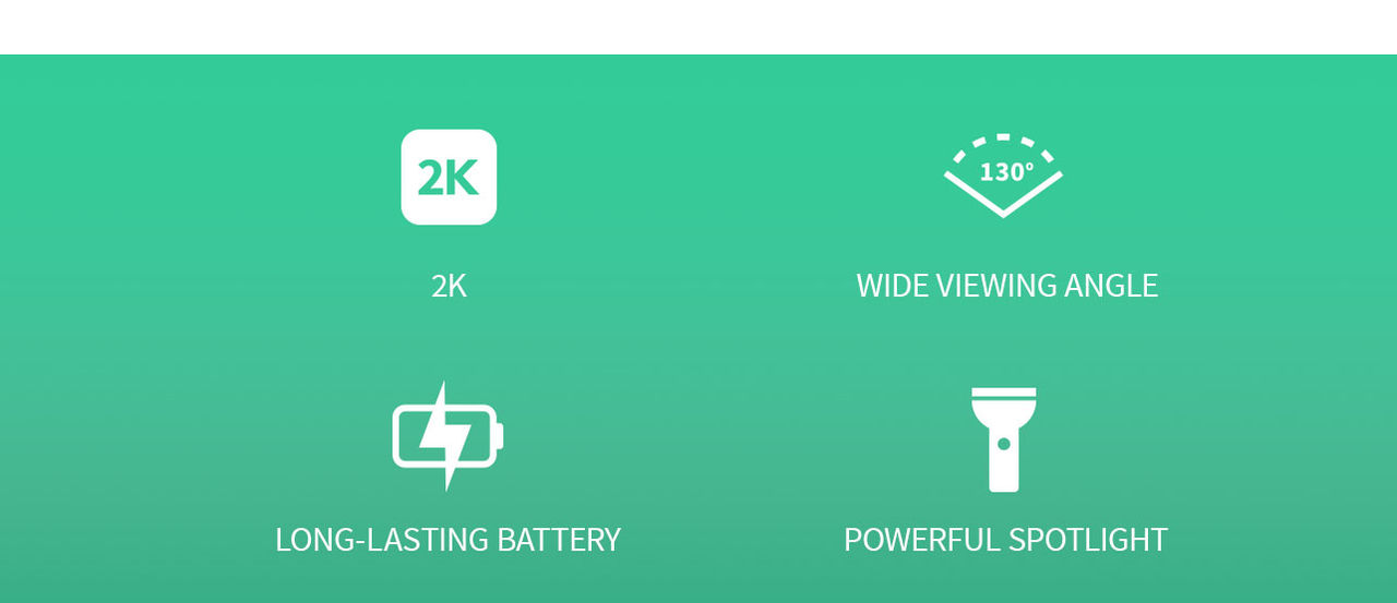 Four icons on a green background from L-R: HD, viewing angle, built-in rechargeable battery, and real-time talk.
