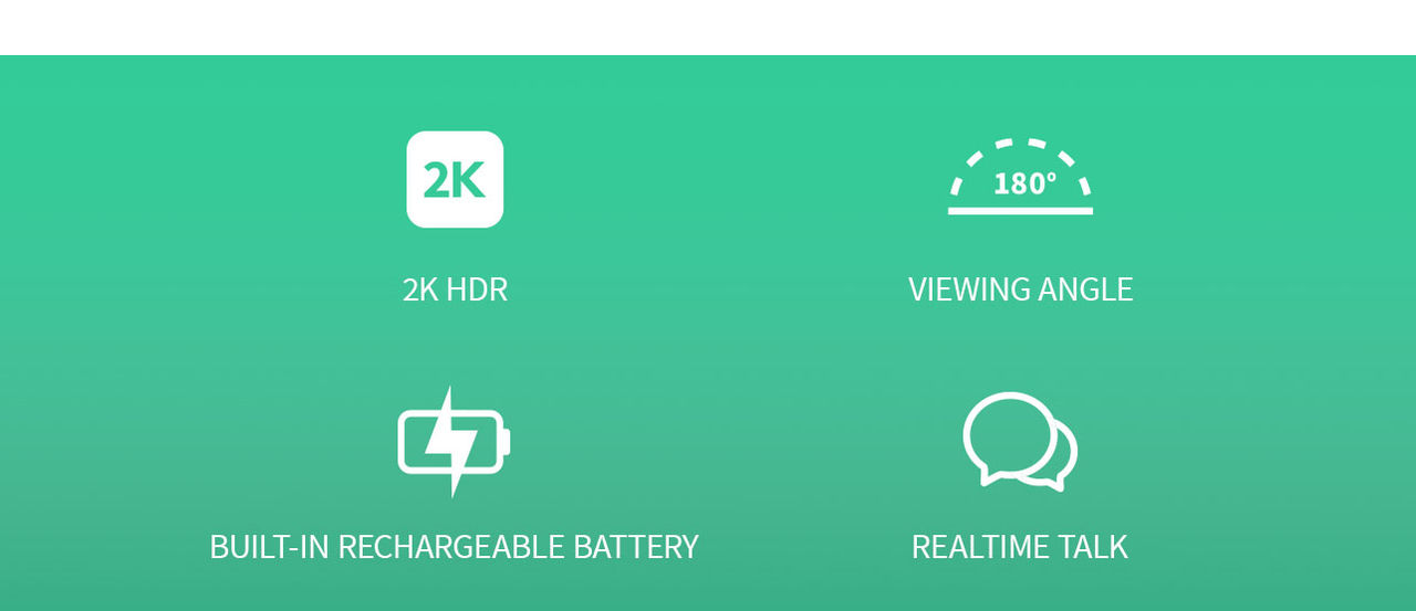 Four icons on a green background from L-R: HD, viewing angle, built-in rechargeable battery, and real-time talk.