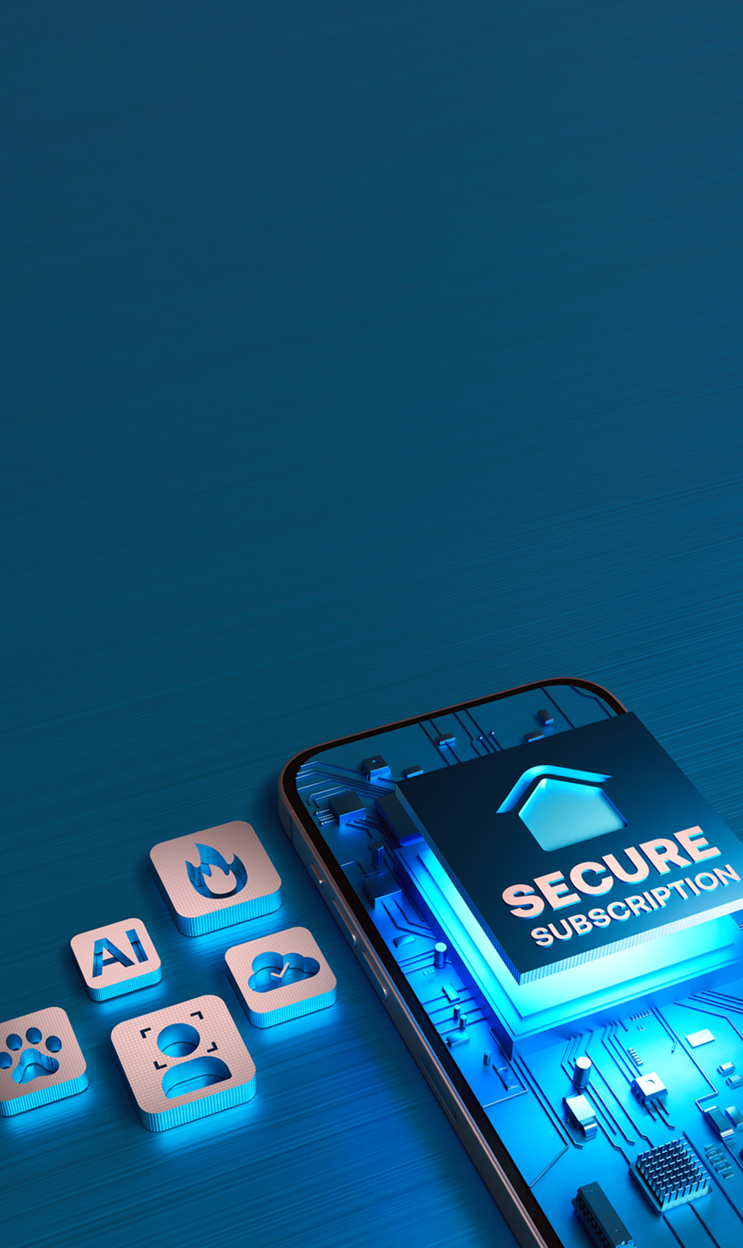 Arlo secure subscription banner with cloud, AI , speed icons next to a mobile phone.