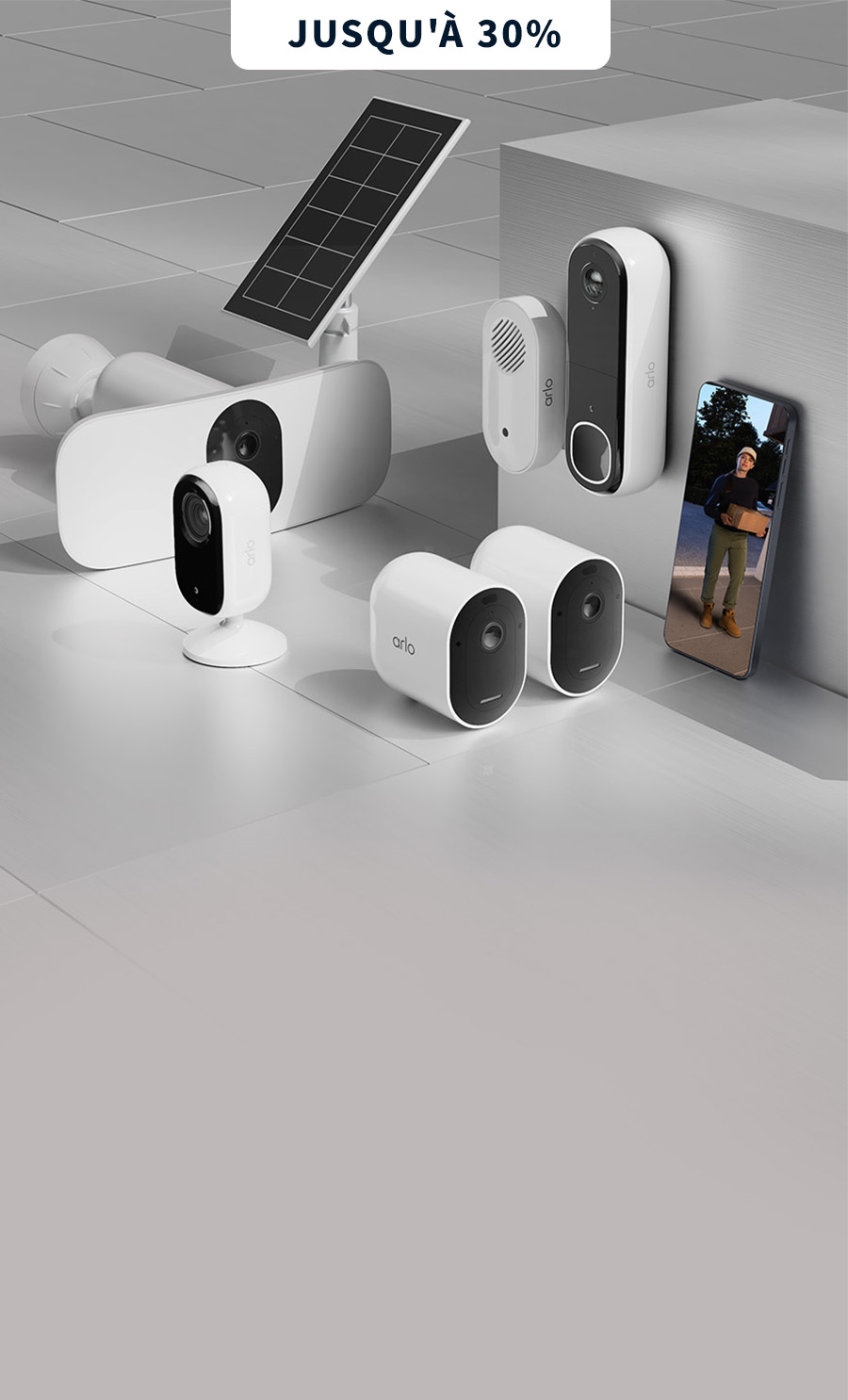 Image de caméras, d'un projecteur et de sonnettes Arlo placés côte à côte. Combinez différents packs et solutions de sécurité pour la maison.