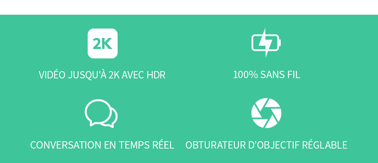 4 icônes de produit : vidéo 2K, conversation en temps réel, cache-objectif, sans fil