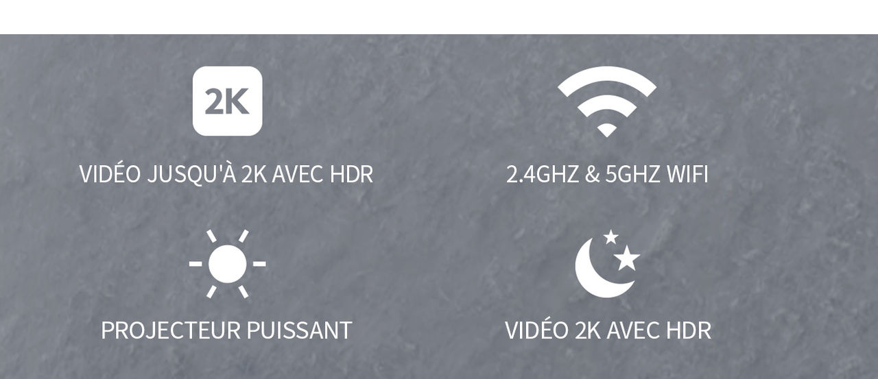 4 icônes de produit : 2K, 2.4GHZ & 5GHZ WIFI, projecteur, vision nocturne