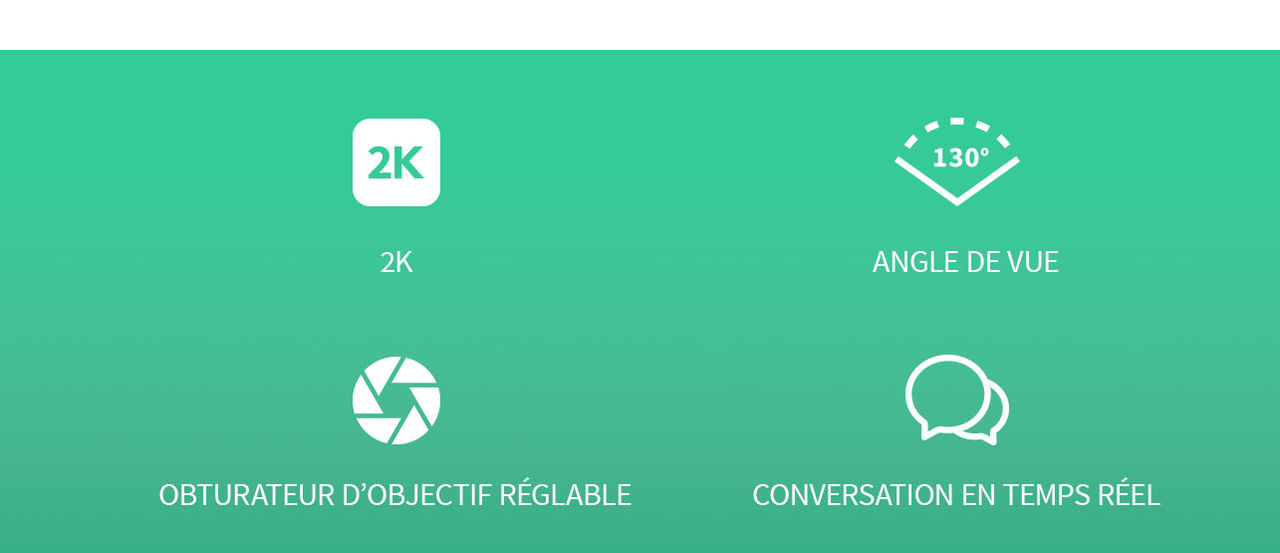 Quatre icônes sur fond vert, de gauche à droite : 2K, angle de vue, protection de l'objectif et conversation en temps réel.