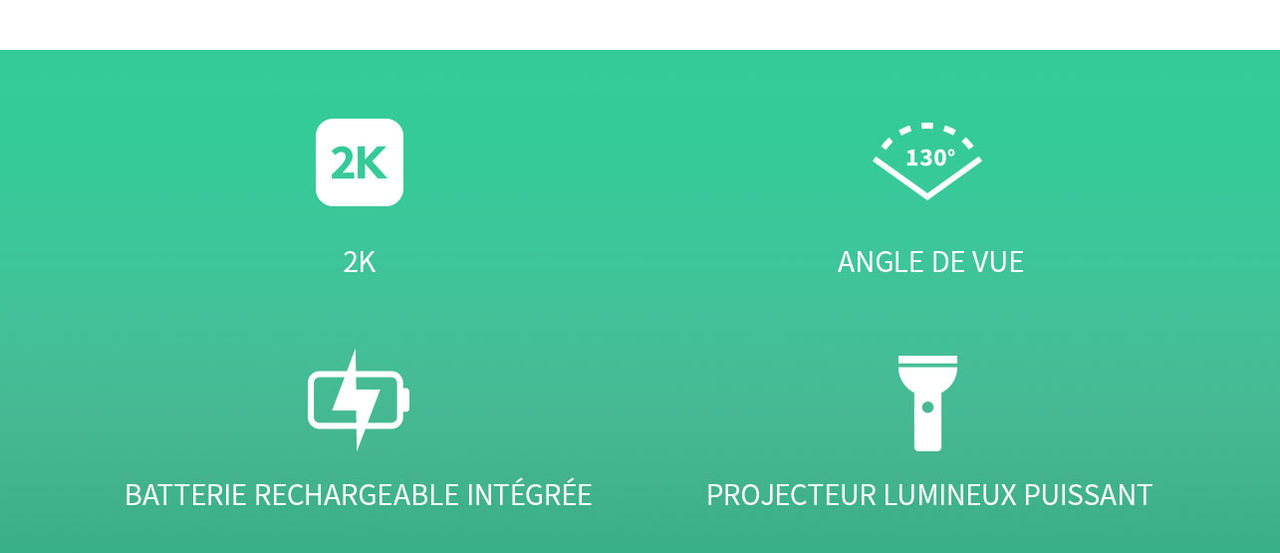 Quatre icônes sur fond vert de gauche à droite : 2K, grand angle de vue, batterie rechargeable intégrée et puissant projecteur.