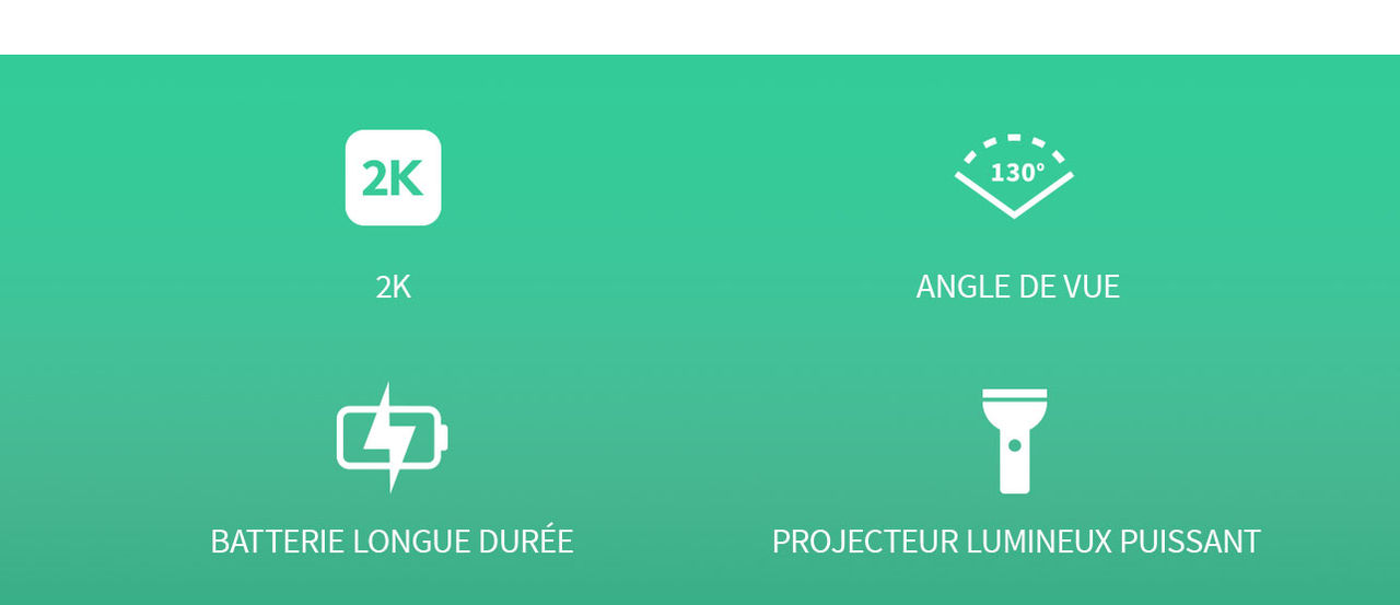 Quatre icônes sur fond vert de gauche à droite : 2K, grand angle de vue, batterie rechargeable intégrée et puissant projecteur.