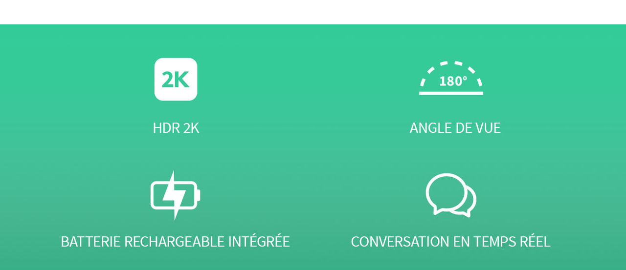 Quatre icônes sur fond vert, de gauche à droite : 2K, angle de vue, protection de l'objectif et conversation en temps réel.