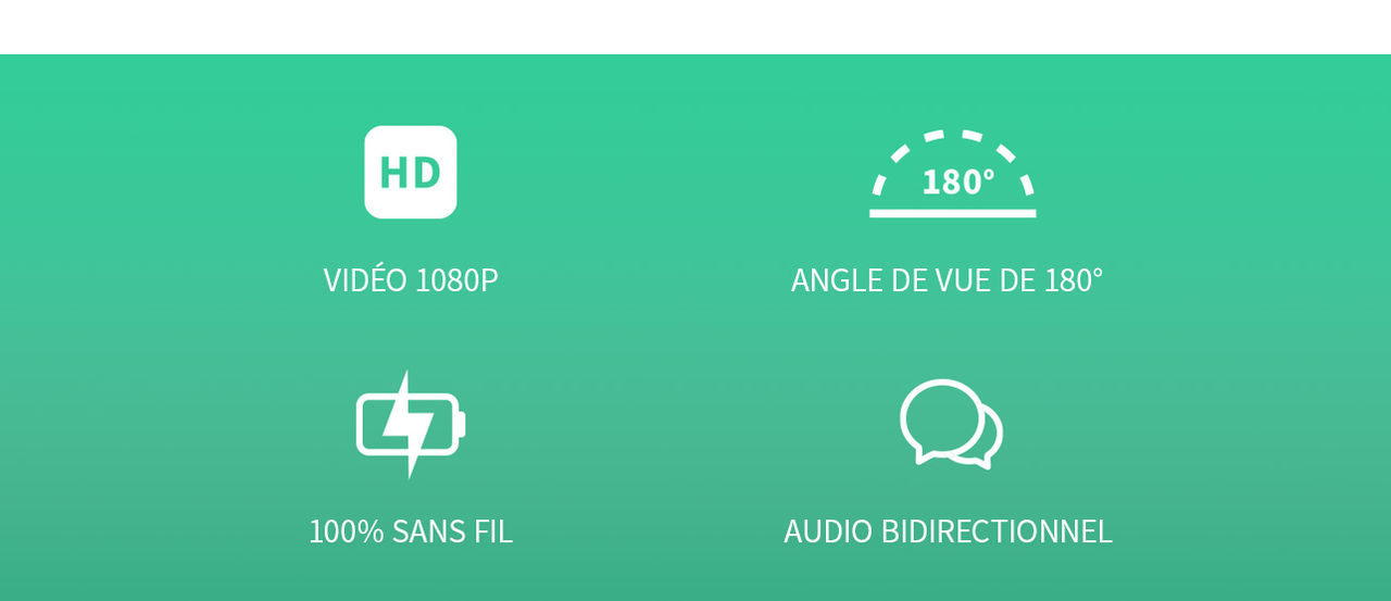 Quatre icônes sur fond vert, de gauche à droite : HD, angle de vision, batterie rechargeable intégrée et conversation en temps réel.