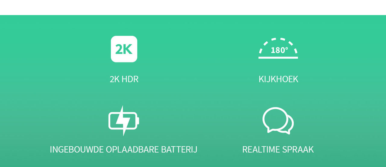 Vier pictogrammen op een groene achtergrond van L-R: 2K, brede kijkhoek, ingebouwde oplaadbare batterij en real-time praten.