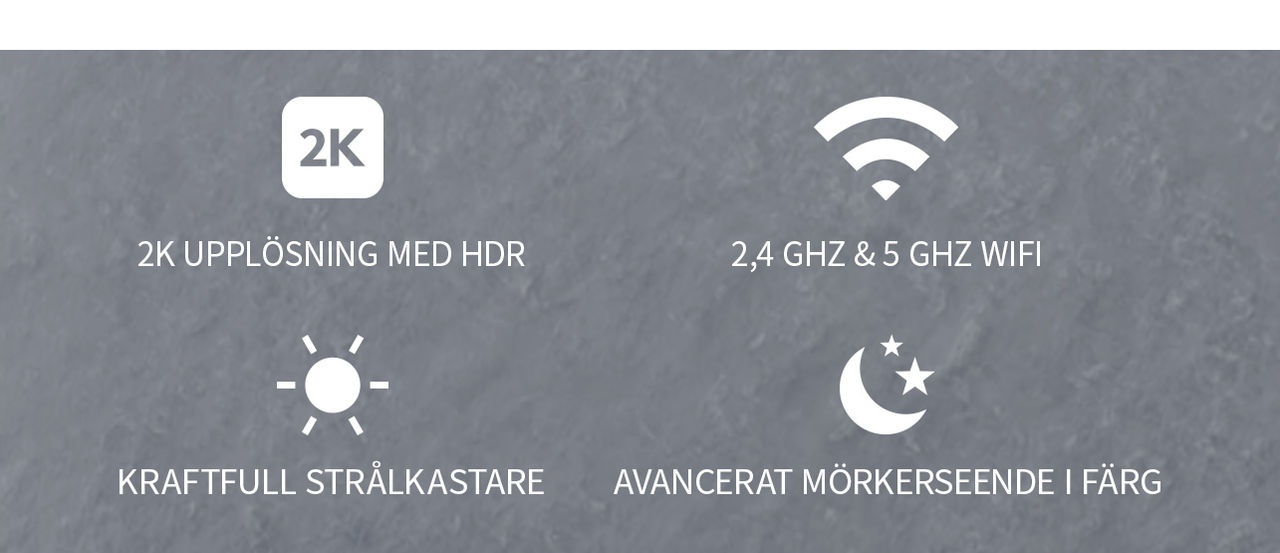 4 Product icons: 2K, 2.4GHZ & 5GHZ WIFI, Strålkastare, Nattseende