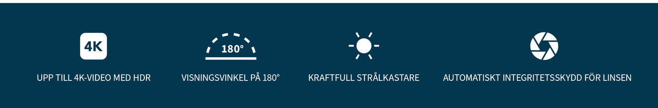 Produktfunktioner 4k Hdr-video, spotlight, integritetsskydd, 180 graders vyvinkel