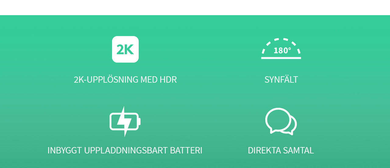 produktfunktioner 2k HDR, 180 visningsvinkel, inbyggt laddningsbart batteri och realtidsprat